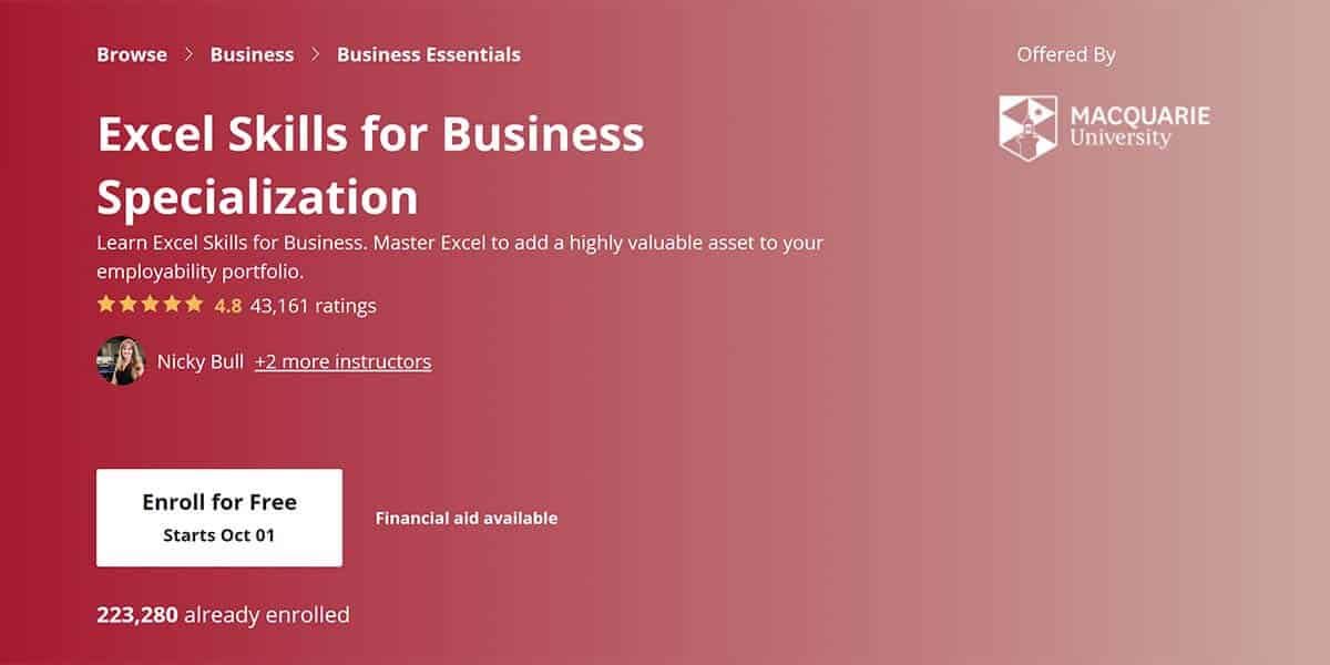 Best for Excel: Excel Skills for Business Specialization (Coursera)