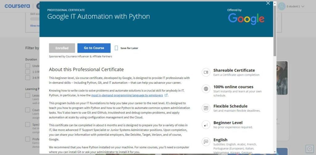 About page on Coursera for the Google IT Automation with Python Professional Certificate