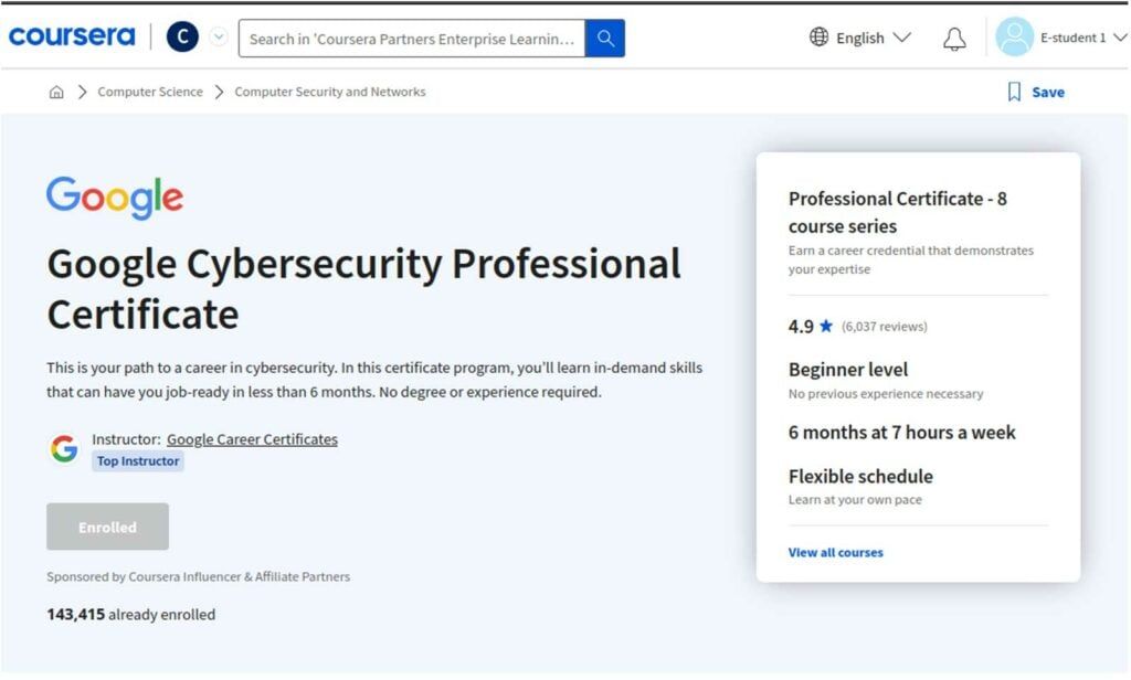 Website of the Google Cybersecurity Professional Certificate on Coursera