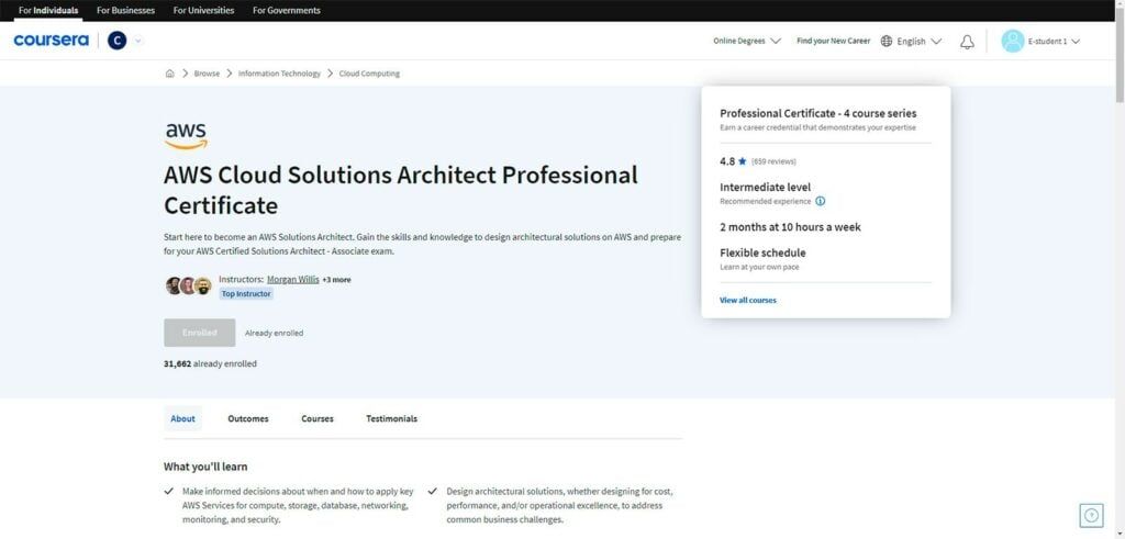 AWS Cloud Solutions Architect Professional Certificate on Coursera