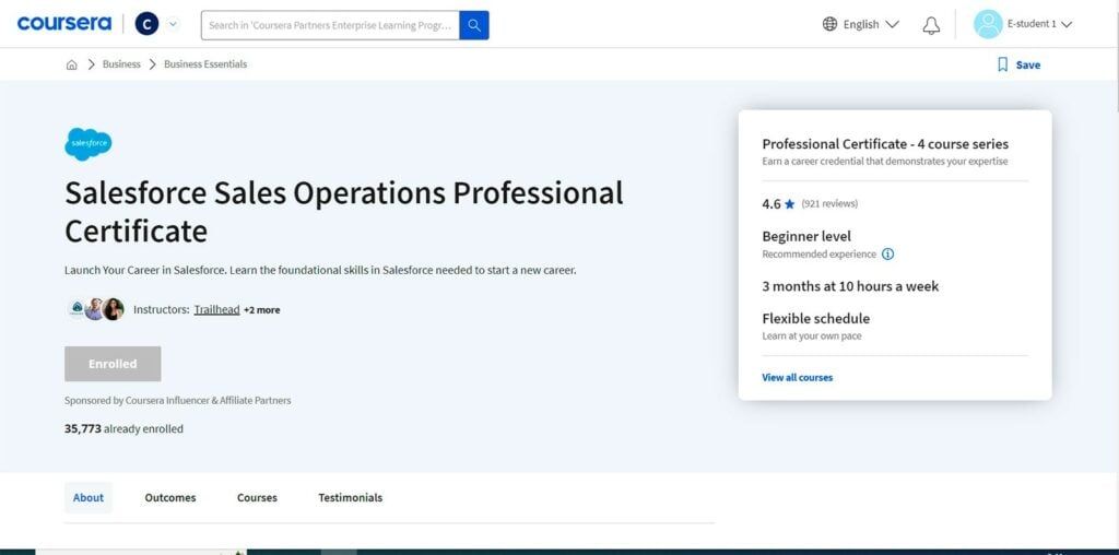 The homepage of the Professional Certificate on the Coursera website