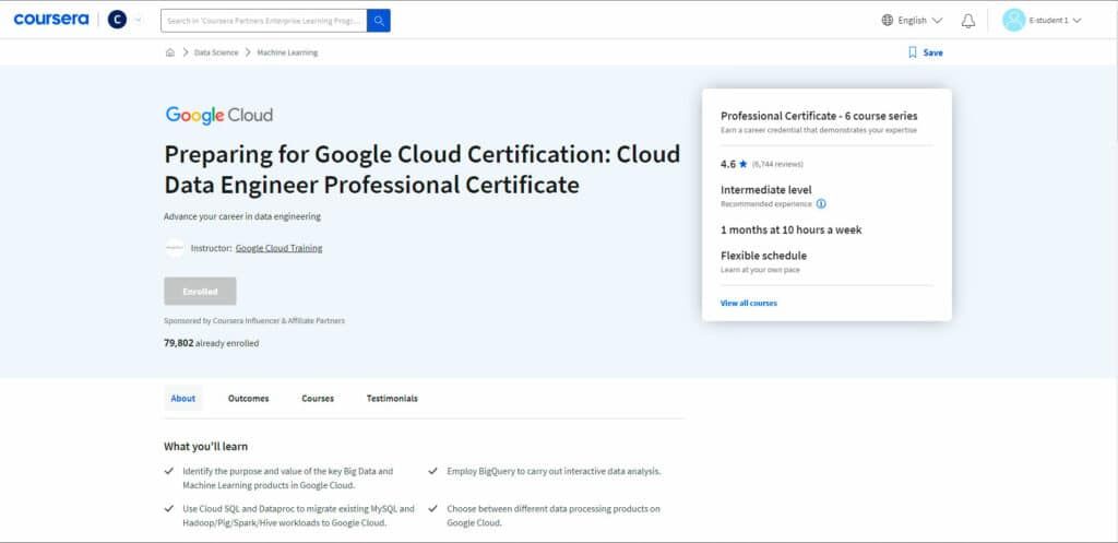 Preparation for the Google Cloud Certification: Cloud Data Engineer Professional Certificate on Coursera
