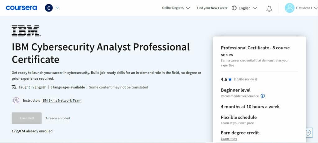 Homepage of the IBM Cybersecurity Analyst Professional Certificate on Coursera