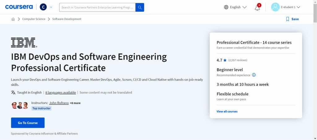 Homepage of the IBM DevOps and Software Engineering Professional Certificate on Coursera