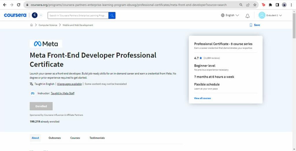 Homepage of the Meta Front-End Professional Certificate on Coursera