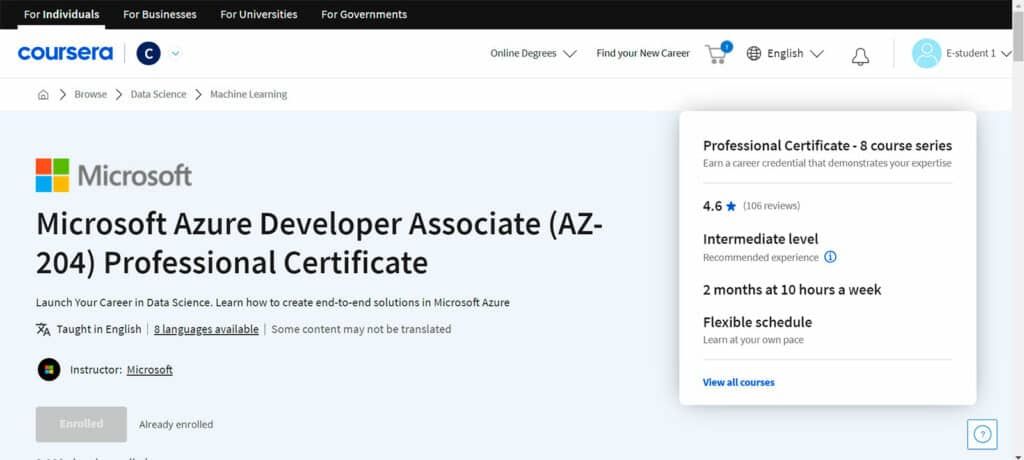 Homepage of the Microsoft Azure Developer Associate (AZ-204) Professional Certificate on Coursera