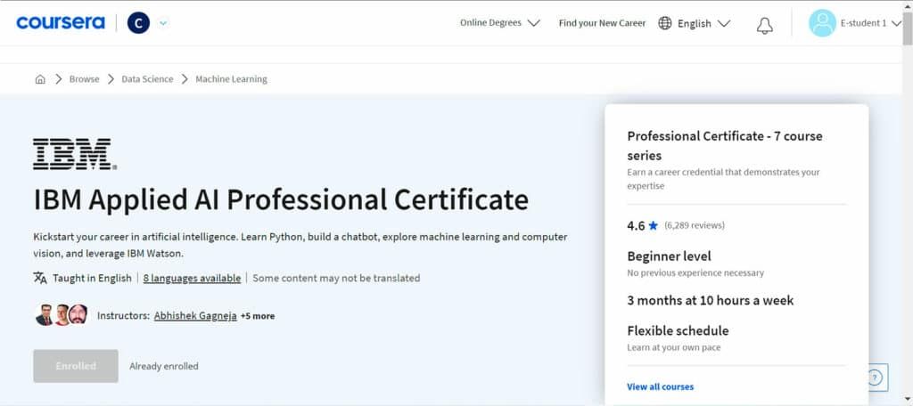 The IBM Applied AI Professional Certificate displayed on the Coursera platform