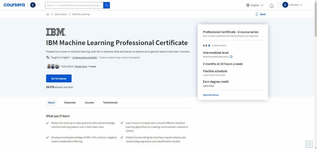 The IBM Machine Learning Professional Certificate available on Coursera