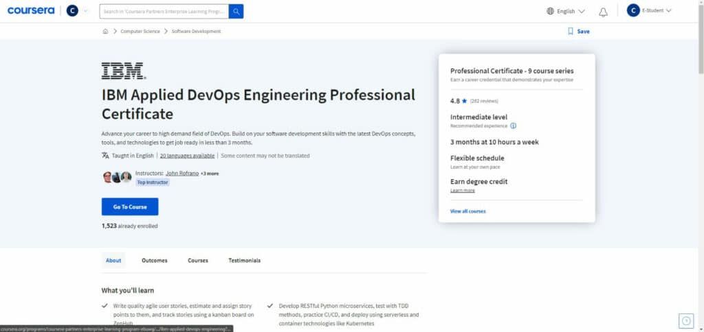 The IBM Applied DevOps Engineering Professional Certificate available on Coursera