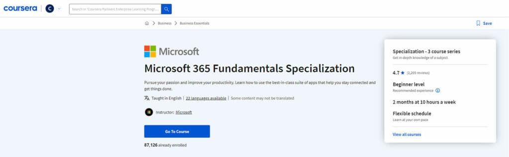 Main page of the Microsoft 365 Fundamentals Specialization Course
