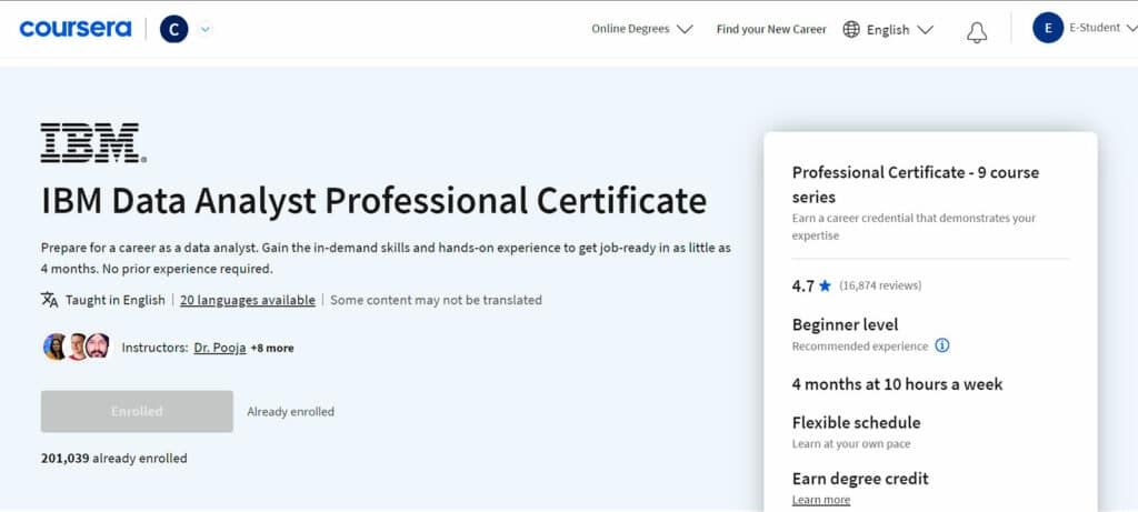 The IBM Data Analyst Professional Certificate offered on Coursera