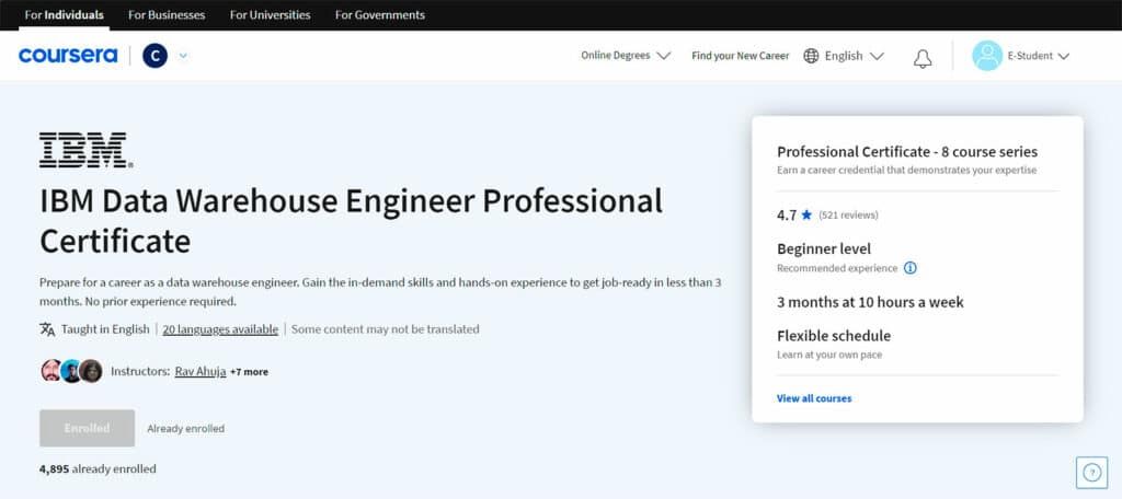 The IBM Data Warehouse Engineer Professional Certificate offered on the Coursera platform