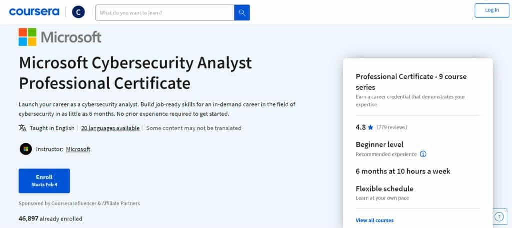 The Microsoft Cybersecurity Analyst Professional Certificate available on Coursera